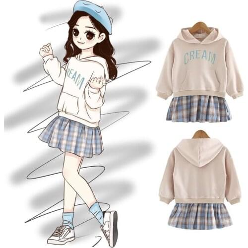 Girls Dress 2020 New Korean Spring Autumn Long-sleeved Letters Fake Two-piece Stitching Hooded Fashionable Sweater Dress