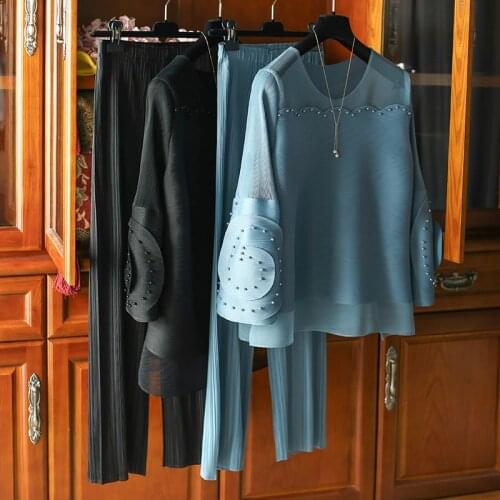 TIANPEI Pleated two piece set women Layered beaded top high waist wide leg harem Straight pants suit aesthetic Vintage clothes