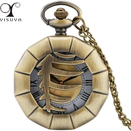 Hollow Fish Bone Antique Necklace Pocket Watch Roman Numerals Dial Retro Bronze Chain Pendant Clock Gifts Men Women