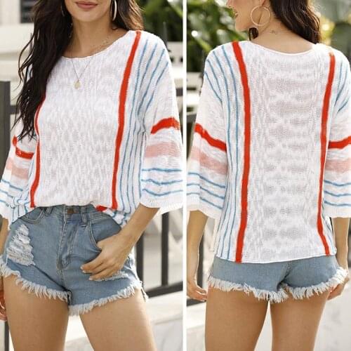 Hot kf-Womens 3/4 Trumpet Sleeve Pullover Sweaters Minimalist Casual Vertical Stripe Colorblock Knit Sweaters White