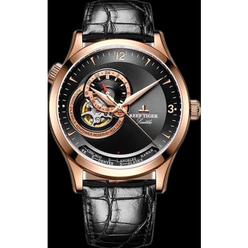 Reef Tiger/RT Casual Automatic Watches Men Rose Gold Blue Dial Watch Leather Waterproof Watches Clock Relogio Masculino RGA1693