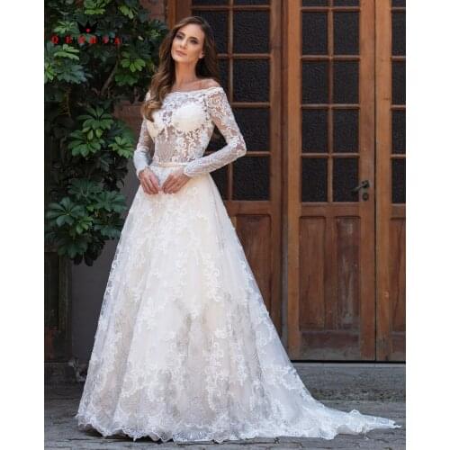 Luxurious A-line Long Sleeve Tulle Lace Appliques Beaded Sexy Wedding Dresses 2021 New Design Bride Dresses Custom Size BC03