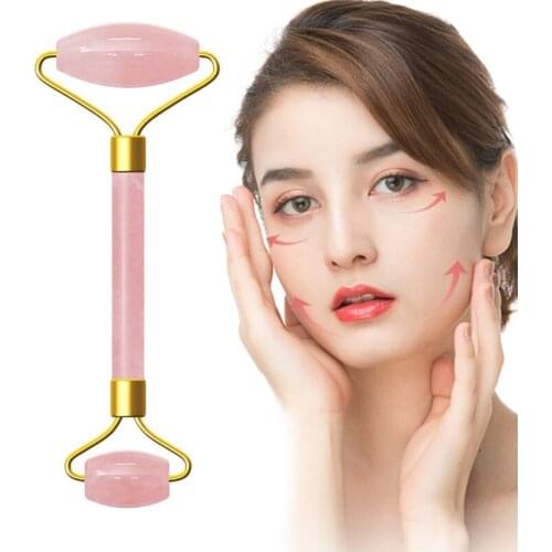 Pink Crystal Stone Jade Roller Set Face Lift Massage Roller Facial Slimming Massager Natural Quartz Stone Neck Massage Tool