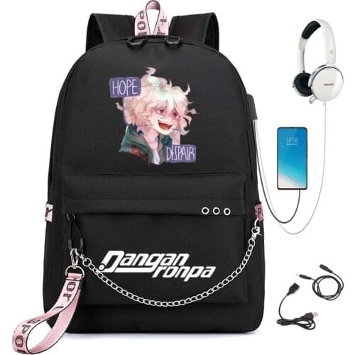 Nagito Komaeda School Backpack Anime Danganronpa Teenagers School Backpack USB Port Monokuma School Bag Bear Students Travel Bag