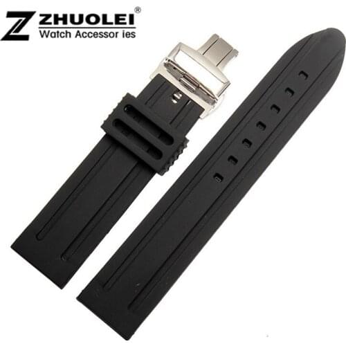 Silicone Waterproof Rubber watchband Strap Black Men Women 20mm 22mm 24mm Swimming strap with butterfly buckle