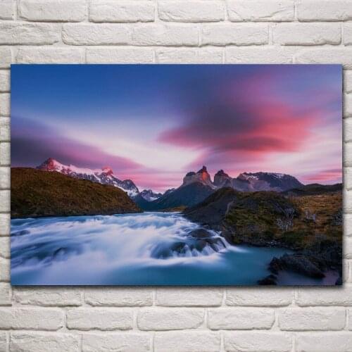 Torres del Paine nature landscape morning river mountains clouds living room home wall art decor wood frame fabric poster KP563