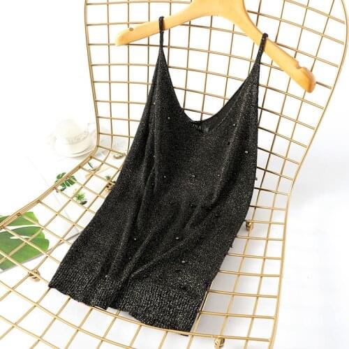 Knitted Beadings V-neck Women Tank Top Camis Sleeveless Womens Camisole 2021 Fashion Summer Spring Sweet Spaghetti Strap Lady
