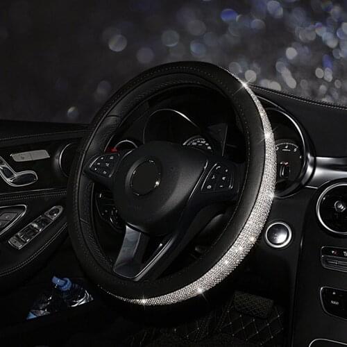 38cm Universal Car Steering Wheel Cover Skidproof Auto Steering- Wheel Cover Anti-Slip Auto Black Leather+Rhinestone Auto Good
