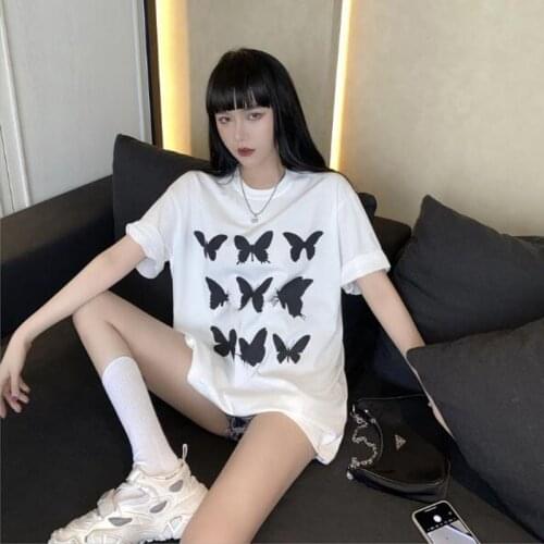Butterfly Print Women T shirt Spring Summer Short Sleeve Round Neck Women Tops Tees Hot Selling Tee shirt Femme