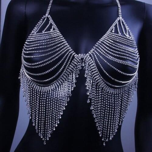 Women Sexy Rhinestone Body Chain Bikini Set Crystal Tassel Bra Panties Underwear