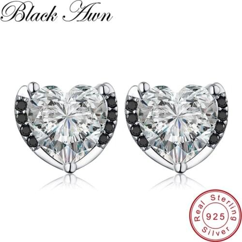 [BLACK AWN] Genuine 3.3g 925 Sterling Silver Jewelry Heart Black Spinel Stone Engagement Stud Earrings for Women T095