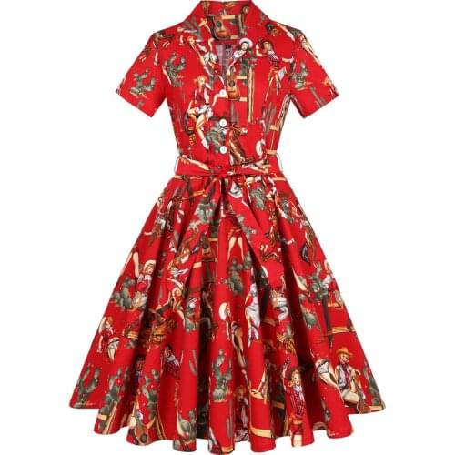 4XL Plus Size Rockabilly 50s 60s Vintage Dresses Female Red Cowgirl Pin Up Dress Big Swing Cotton Dress
