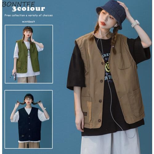 Vests Women Autumn Solid All-match Casual Pockets Newest Street Style Ulzzang Buttons Simple Trendy Ins Design Students Neutral