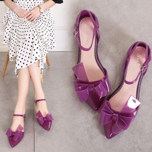 ZZPOHE summer new pointed hollow womens jelly shoes flat bottom button soft plastic sandals seaside waterproof womens sandals