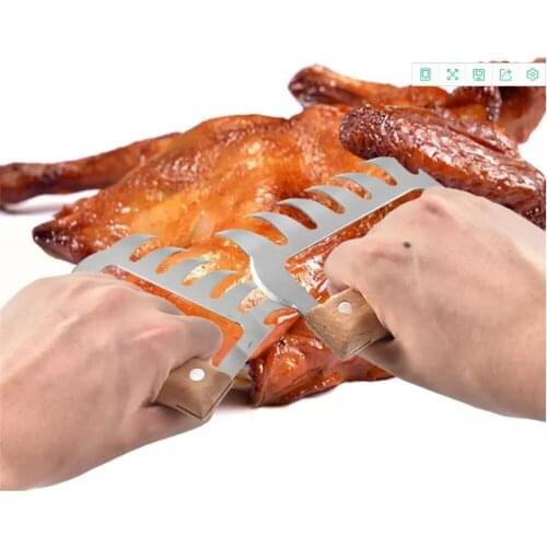 2PCS Meat Separator Stainless Steel Multifunction Clamp Shredder Bear Claw Wooden Handle Meat Divided Tearing Flesh for BBQ