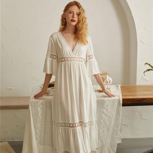 2021 Long Mid-sleeved Sleeping Skirt Hollow Lace Stitching Nightgowns Sexy Soft Court Style Night Dress Women V-neck Sleepwear