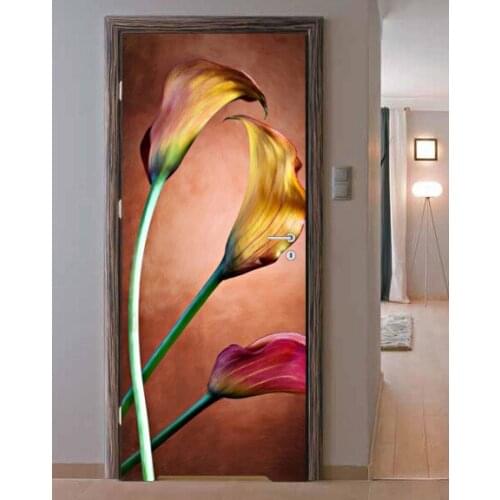 3D Door Sticker Lily Painting Wall Sticker DIY Door Cover Kitchen Home Decoration Accessories Modern 3d Wall Stickers