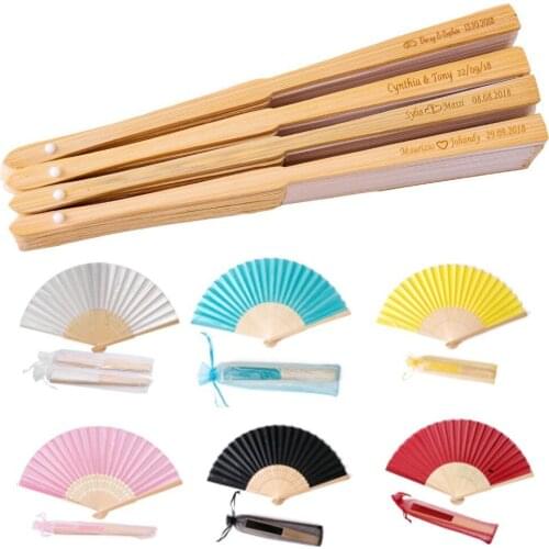 50Pcs Personalized Printing Ladies Folding Hand Silk Fan Fold Vintage Fans Outdoor Wedding Party Baby Shower Favors Organza Bag