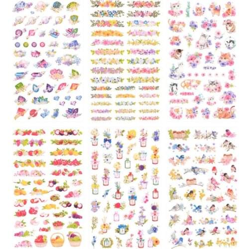 6 Sheets Cartoon Flowers Cat Paper Stickers DIY Scrapbooking Notebook Diary Photo Decorations Kawaii Stationery Label Stickers