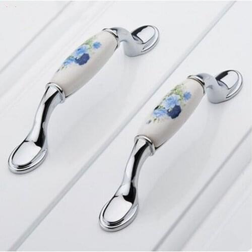 76mm 96mm 128mm modern fashion rural ceramic furniture handles white and blue silver tv cabinet drawer dresser handle pull knob
