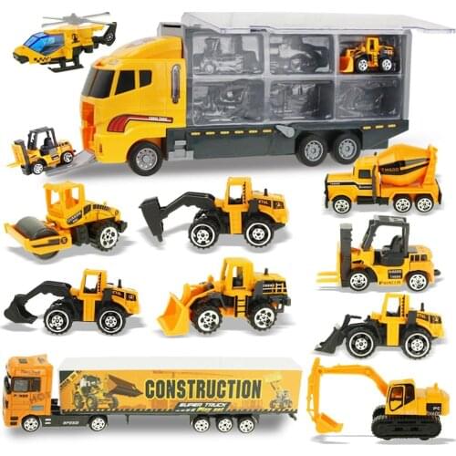 Big Container Truck with 1:64 Scale Alloy Engineering Tractor Fire Truck Model Diecast Vehicle Car Toys for Boys Children Gift