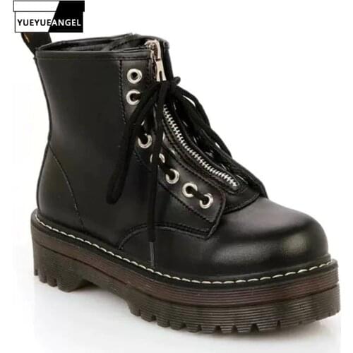 PU Leather High Heels Platform Ankle Boots Women Fashion Lace Up Round Toe Boots Casual Zipper Flat Shoes Women 35-40