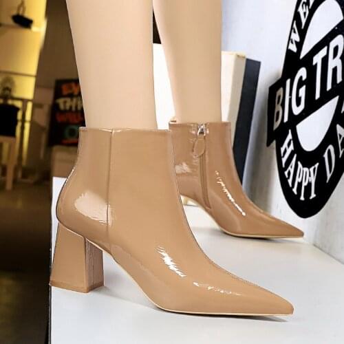 High heel boots Winter women shoes ankle boots fashion tip-to-head sexy nightclub high-heeled boots Pointed Toe Square heel Zip