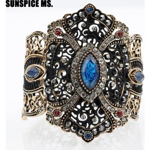 SUNSPICE MS. Unique Broadside Blue Cuff Bangle Vintage Jewelry Mosaic Crystal Antique Gold Lovely Bracelet For Women Party Gift