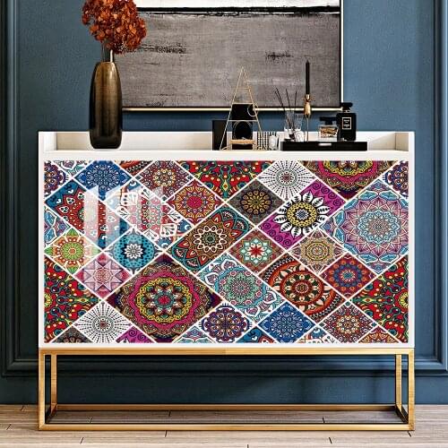 Colorful Mandala Style Strip Ceramic Tiles Glossy Surface Wall Sticker Kitchen Wardrobe Wallpaper Peel & Stick Art Wall Decals