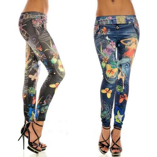 Elastic Ankle-length Slim Punk Style Faux Denim Pencil Pants Sexy Women Leggings Butterfly Flower Printed Imitation Jeans