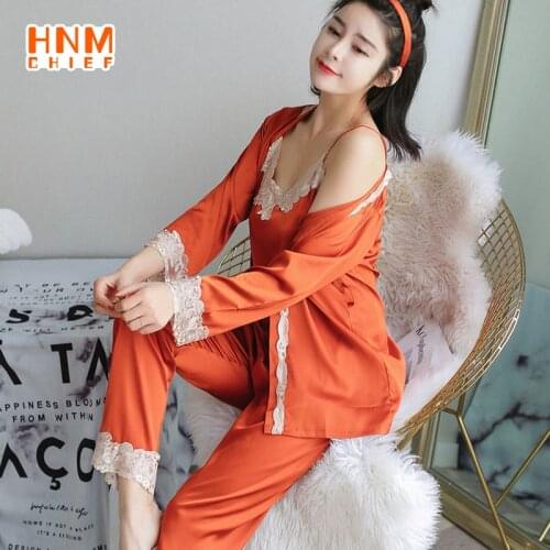 HNMCHIEF Orange Satin Silk Pajamas for Womens Set pyjamas Button Pigiama Donna pjs Winter Mujer Pijama Sleepwear Nightwear 3Pcs