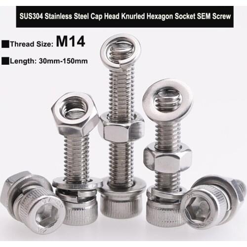 M14 SUS304 Stainless Steel Knurled Cap Head Hexagon Socket Bolt Three Combination Screw with Plain Washer Spring Washer and Nut