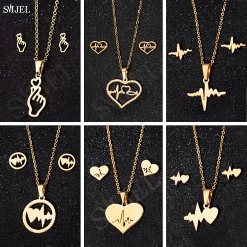 Bohemian Heart Beat Necklaces Gold Color Jewelry Set Wedding Accessories Stainless Steel Love Heart Earring for Women Party Gift