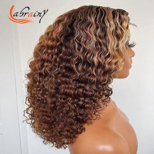 Highlight Honey Blonde HD Transparent Lace Front Human Hair Bob Glueless Lace Frontal Wigs Kinky Curly Wig Pre Plucked13*6*1