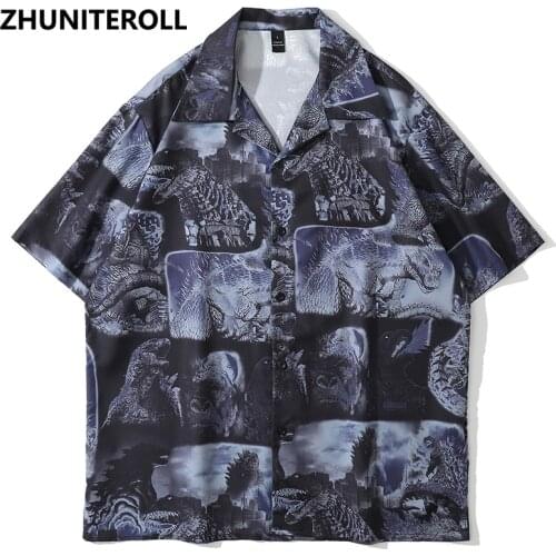 Japan Style Monster Print Hawaiian Beach Shirts Hip Hop Short Sleeve Button Up Streetwear Trends Shirt Mens Summer Black Tops