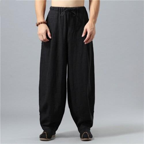 Casual Japan Style Men Long Pants Cotton Linen Wide Leg Pants Solid Trousers With Pocket Male Harajuku Pants Plus Size M-5XL 6XL