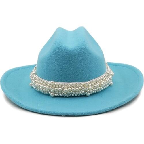 Wide Brim Simple Church Derby Top Hat Panama Solid Felt Fedoras Hat with Pearl for Women artificial wool Blend Jazz Cap