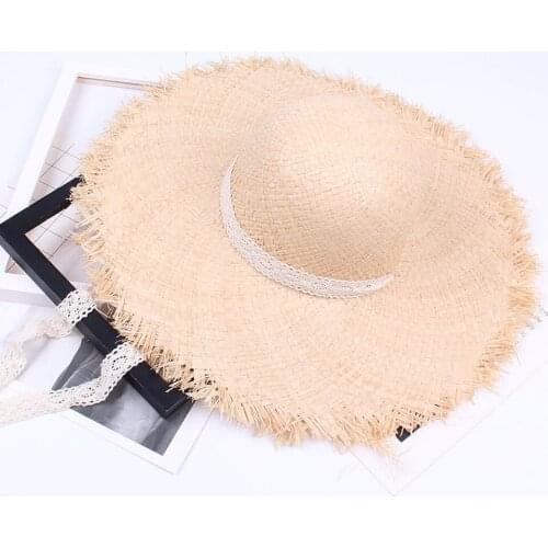 Round Top Large Wide Brim 9-11CM Raffia Straw Hats Woven Circle Fringe Beach Cap Women Summer Holiday Straw Sunhat With Ribbon