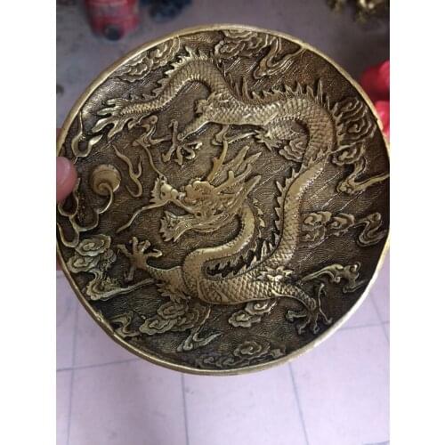 China antiguo bronce latón artesanías hogar escritorio Oficina decoraciones fengshui dragon estatua tótem plato platos
