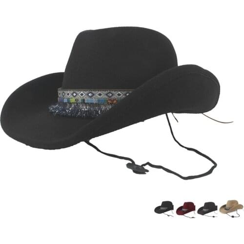 Women Wool Hollow Western Cowboy Hat Wide Brim Lady Tassel Outblack Fedora Sombrero Hombre Jazz Cap
