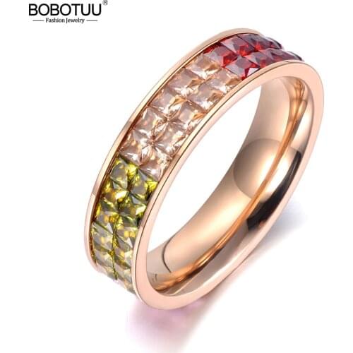 BOBOTUU Luxury Rose Gold Stainless Steel Crystal Engagement Ring Mosaic Colorful Cubic Zirconia Wedding Rings For Women BR19054