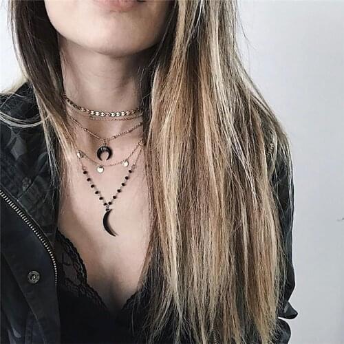 Boho Fashion Color Black Horns Sequined Moon Pendant Necklaces For Women Vintage Gold Necklace Multilayer Female Jewelry Gift