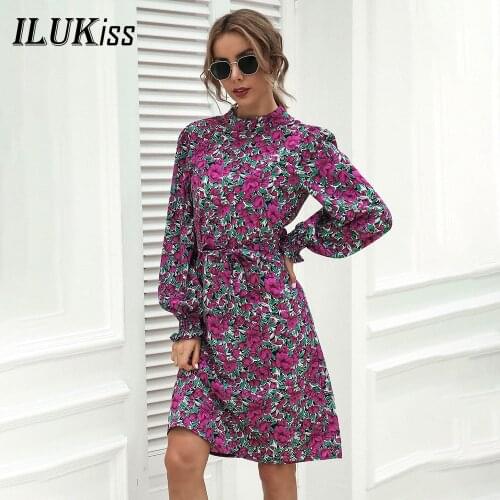 Autumn Floral Print Long Sleeve Midi Dress Women 2021 Fashion Casual O Neck Sashes Vintage Purple Red Slim Dresses Elegant Fall