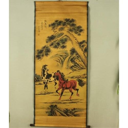 Antique painting traditional Chinese 2 horses mountain painting scroll painting,old paper painting