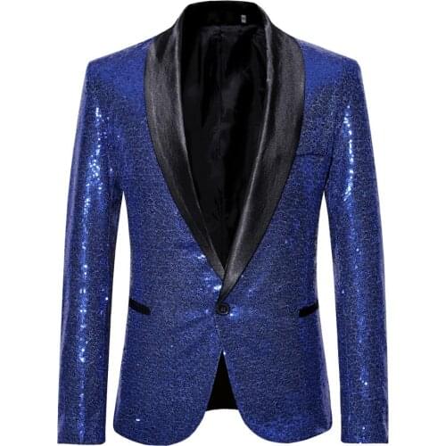 Mens Sequin One Button Shawl Collar Blazer Slim Fit Glitter Suit Jacket Party Wedding Blazer Men Stage Clothers For Singers XXL