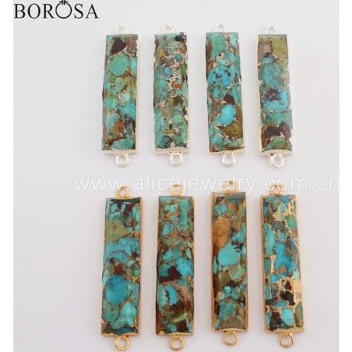 BOROSA 6pcs Copper Natural Turquoises Faceted Bar Connector Rectangle Blue Earth Stone for Necklace G1763 S1763