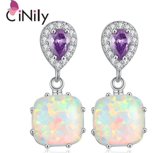 CiNily White Fire Opal Square Stone Drop Earrings Silver Plated Lilac Teardrop CZ Crystal Filled Dangling Earring Female Jewelry