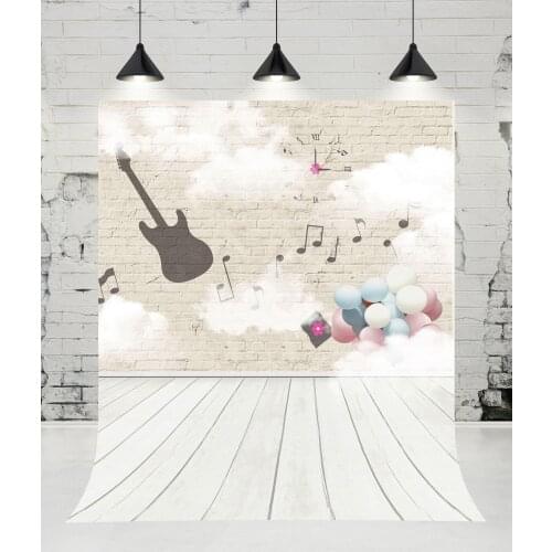 VinylBDS Brick Wall Guitar Music Clock Balloons Photography Backdrops Wooden Floor Photo Studio Newborn Baby Background for Kids