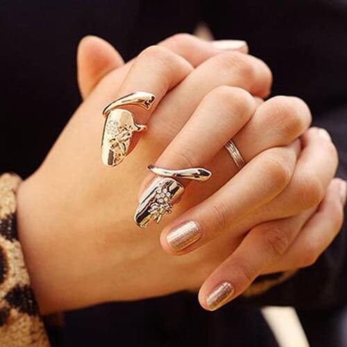 Hot Fashion Fashion Womens Crystal Rhinestone Flower Dragonfly Finger Tip Nail Cover Ring C7IC