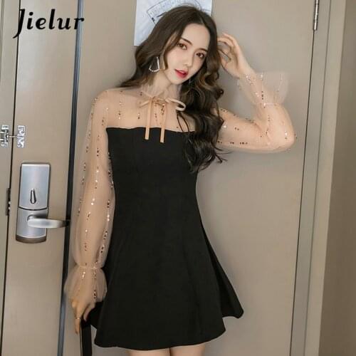 Jielur 2021 Autumn Winter Fashion Style Dress For Women Korean Mesh Spliced Black Vestidos De Fiesta Slim New Sukienka Letnia